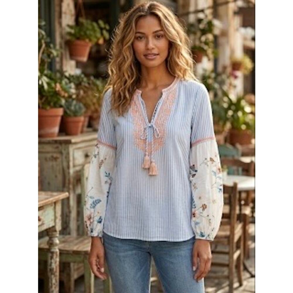 Johnny Was Workshop Peasant Blouse Womens XS Floral Striped Embroidered Tassels